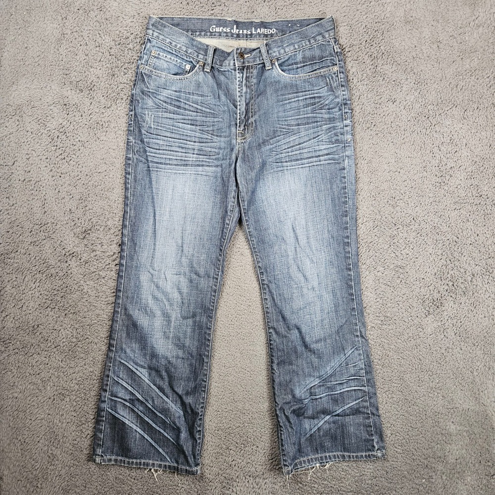 Guess Jeans Laredo Mens 32x30 Blue Relaxed Bootcut Distressed Denim